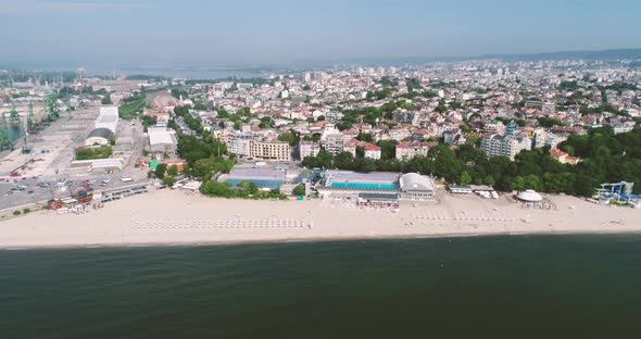 Beautiful cityscape over Varna city, Bulgaria, Beach, old city, sea garden and Navy museum. alt