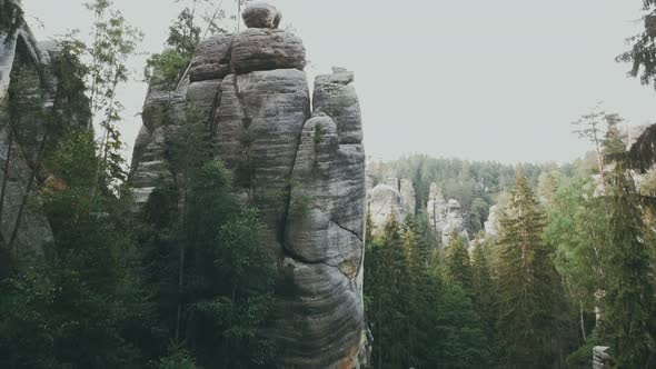 Adršpach-Teplice Rocks national park filmed from drone. Green forest with rocks like background