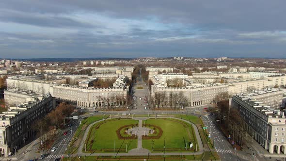 Aerial view of Central Square (Plac Centralny) in Nowa Huta district of Krakow alt