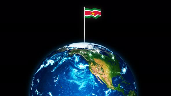 3d Rotated Planet Earth On Flying Suriname Flag Animation alt