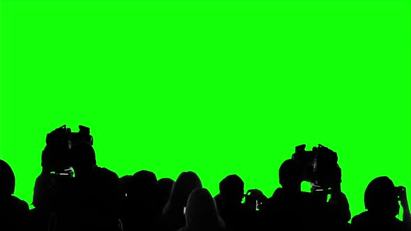 Many Camera Operators, Reporters Working at Press Event, Chroma Key Background alt