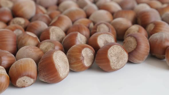 Organic hazelnuts on white background  4K 2160p 30fps UltraHD footage - Whole Corylus avellana nuts  alt