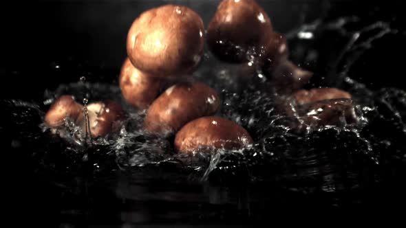 Super Slow Motion Mushrooms Fall on the Water with Splashes alt