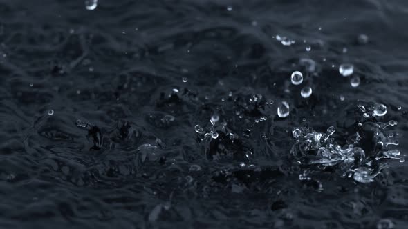 Super Slow Motion Shot of Water Drops Falling Into Water on Black Background at 1000 Fps alt