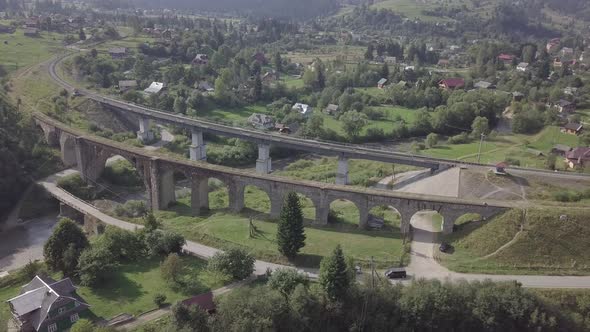 Aerial Old Viaduct Railway Crossing in Vorokhta Ukraine Carpathians