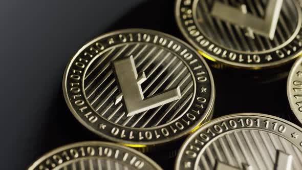 Rotating shot of Bitcoins (digital cryptocurrency) - LITECOIN alt