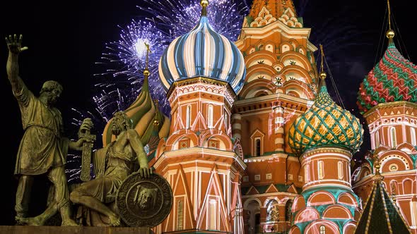 Celebratory colorful fireworks and Temple of Basil the Blessed,  Red Square, Moscow, Russia