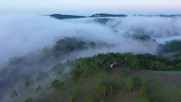 Panoramic view, foggy morning and amazing clouds sky