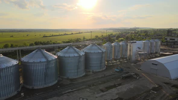 Aerial View of Industrial Ventilated Silos for Long Term Storage of Grain and Oilseed alt