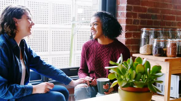 Lesbian couple interacting with each other in the kitchen alt