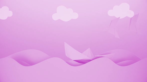 Cartoon Paper Ship And Ocean Purple Kids Background