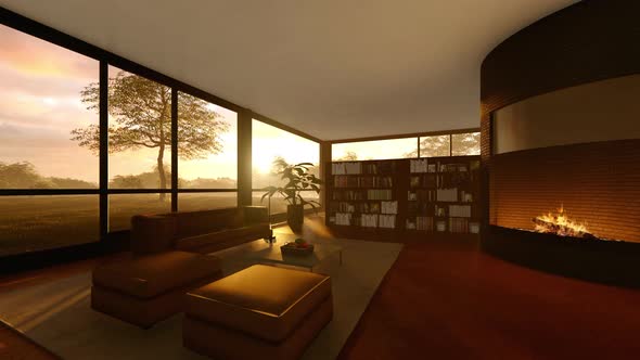 Modern Living Room With Fireplace And a View Of Nature