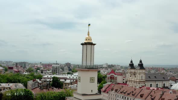 Aerial Drone View Old Historical Buildings of European Town of the Center of Ivano Frankivsk City alt