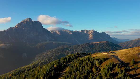 Sunrise in the Province of Bolzano, Dolomites. Bird's-eye View of Mountains and Valleys. Autumn 