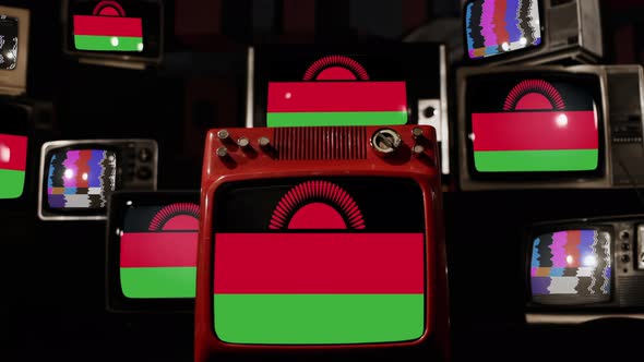 Flag of Malawi on Retro TVs. 4K.