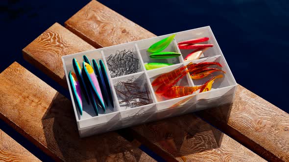 Fishing accessories in a box on a wooden pier. Colourful fish-baits and tools. alt