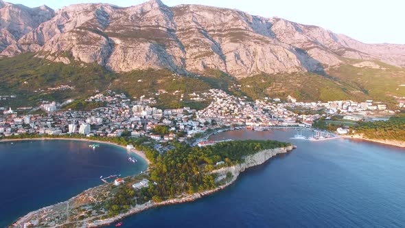 Aerial view of sunset at Makarska bay in Dalmatia alt