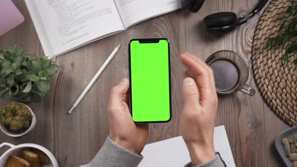 Phone with Chroma Key on Screen in Male Hands. Unlock and Tap on Application alt