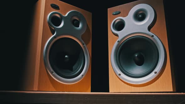 Audio Speakers Vibrate From Sound Bass in Slow Motion on Black Background alt