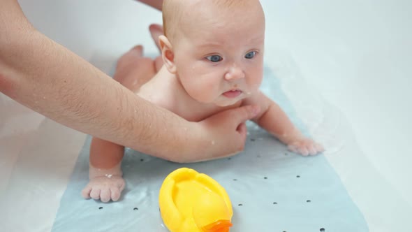 Interested Baby Girl Plays with Father and Toy Duck in Water alt