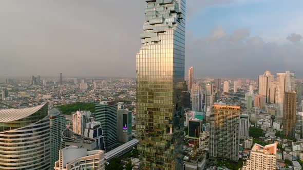 Aerial View of King Power Mahanakhon Tower in Sathorn Silom Central Business District of Bangkok alt