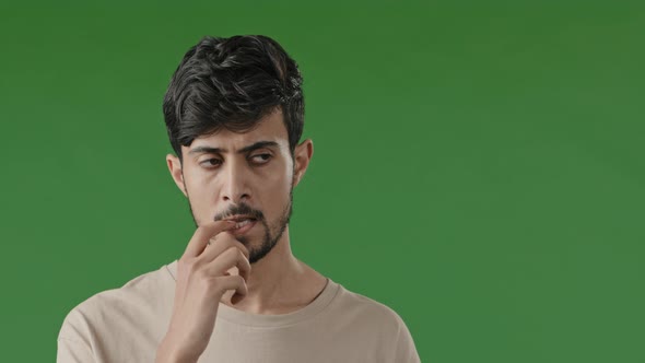 Portrait of Nervous Serious Hispanic Young Man Feel Stressed Worried Desperate Arab Guy Thinking alt