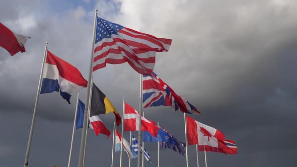 Banners in front of the Caen Memorial, Normandy, France alt