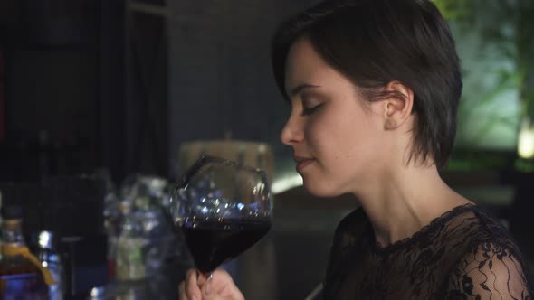Close Up of a Gorgeous Brunette Enjoying Drinking Wine at the Bar Smiling To the Camera alt