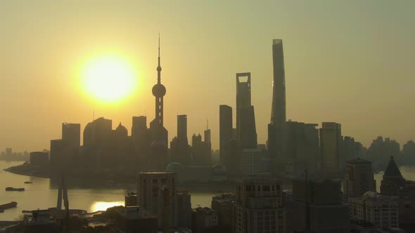 Shanghai Skyline at Sunrise. Huangpu and Lujiazui District. China. Aerial View alt