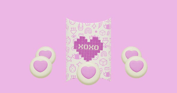 Minimal motion 3d art. Candy design box with heart cookies in pink abstract space. 
