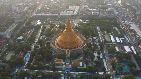 Aerial top view of Phra Pathommachedi temple at sunset in Nakorn Pathom district, Thailand. alt