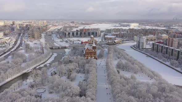 Aerial: The Cathedral of Kaliningrad in the wintertime alt