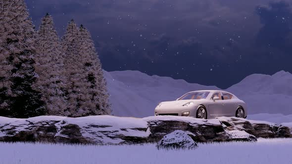 Luxury White Sports Car Driving in Mountain and Rocky Area with Evening and Snow View