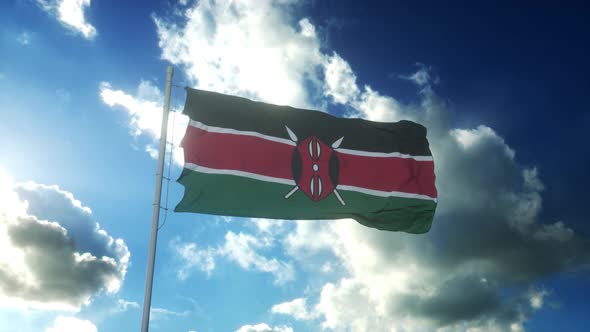 Flag of Kenya Waving at Wind Against Beautiful Blue Sky alt
