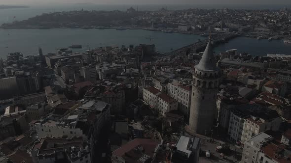aerial Galata Tower and golden horn
