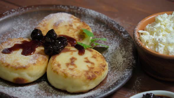 Cottage Cheese Pancakes with Powdered Sugar, Jam alt