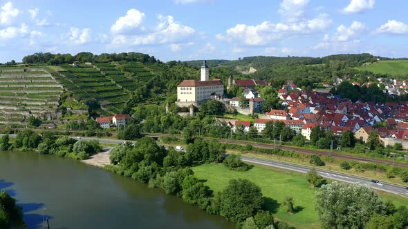 Aerial view of Castle Horneck, Gundelsheim, Baden-Wuerttemberg, Germany alt