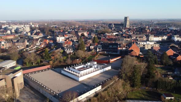 Roman Temple Site and Ancient Basilica in Tongeren City. Aerial View. alt