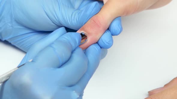 Manicurist Pushes a Cuticle By Instrument To the Client. Close Up alt