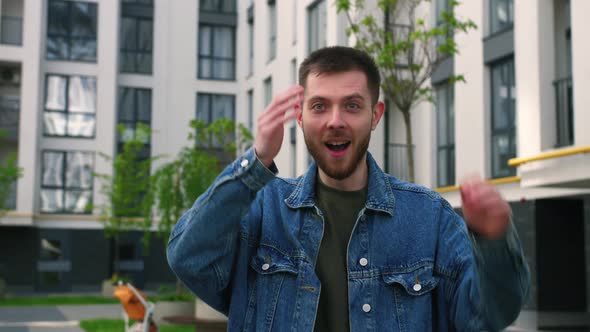 Cheering Young Man Celebrating His Success Happy Surprised Amazed alt