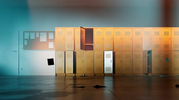 Scary abounded school hallway. Wind blowing and moving orange lockers' doors. alt
