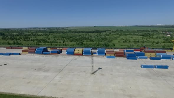 Containers Stacked at Storage Area with Gantry Crane, Aerial View alt