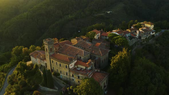 5998 Aerial, An Ancient Small Perched Hamlet On Sunset In Tuscany, Italy