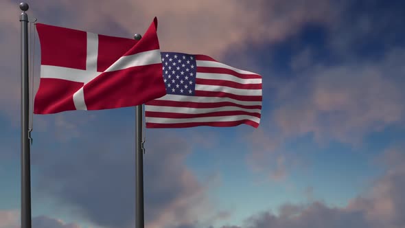 Denmark Flag Waving Along With The National Flag Of The USA - 2K alt
