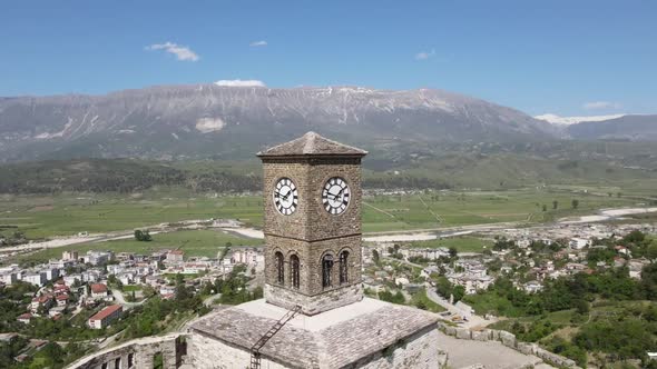 Aerial View of Clock Tower at the Castle of Gjirokaster, Albania.