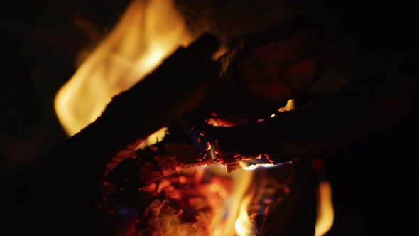 Close up of a campfire at night alt