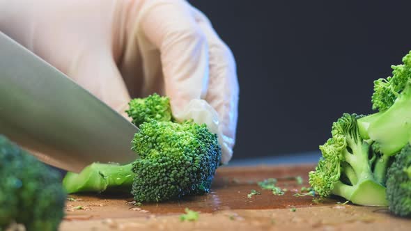 Professional Cook in White Gloves Cuts Green Broccoli alt