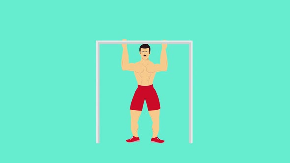 Bodybuilder man with mustache doing pull-up exercise 4K animation