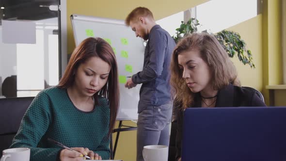 Two Woman Colleague Working on Blueprint, Talking at Desk with Laptop in Office alt