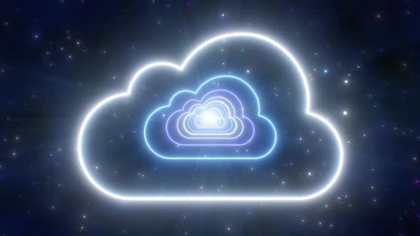 Neon Cloud Shape Tunnel Moving in Dark Blue Night Sky Glowing Lights alt